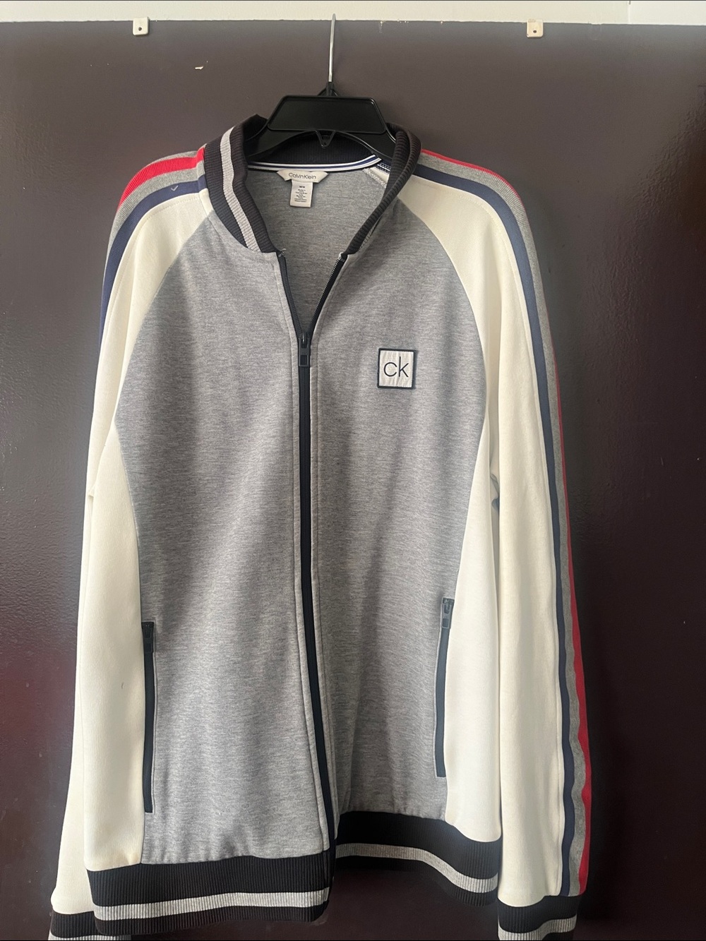 Calvin Klein Gray, White & Navy Zip-Up Sweater with Red Stripe